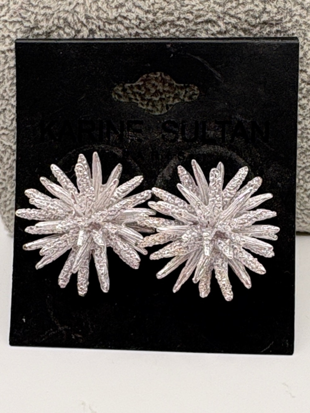 Karine Sultan Paris Silver Textured Sunburst Earrings Sterling Plated 1”